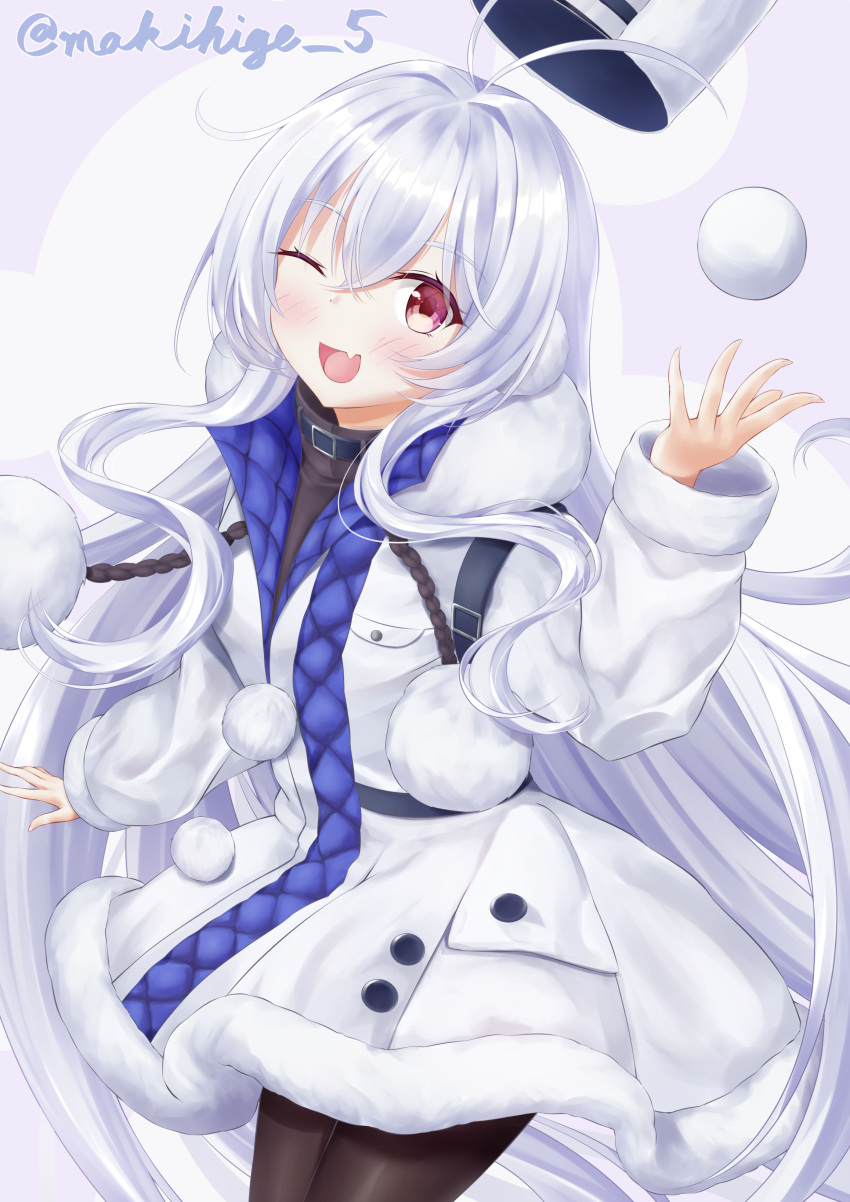 1girl absurdres artist_name azur_lane black_legwear blush coat eyebrows_visible_through_hair feet_out_of_frame hat hat_removed headwear_removed highres long_hair looking_at_viewer makihige one_eye_closed open_mouth pantyhose papakha red_eyes silver_hair simple_background smile solo standing stremitelny_(azur_lane) turtleneck white_coat white_headwear winter_clothes winter_coat