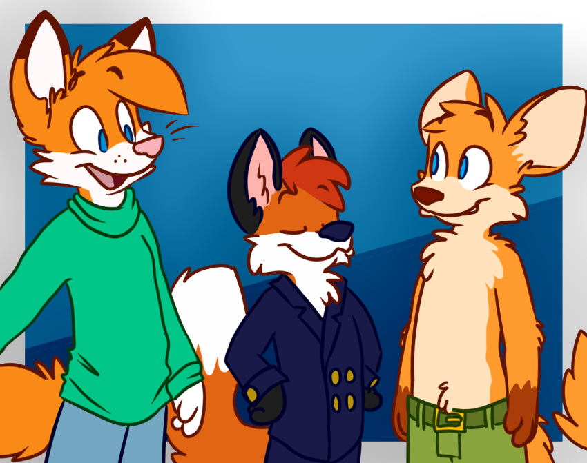 anthro aurora-fox belt black_body black_fur blue_background blue_bottomwear blue_clothing blue_coat blue_eyes blue_pants blue_topwear bottomwear canid canine clothed clothing coat fox fur green_bottomwear green_clothing green_pants green_shirt green_topwear group hair leorenard male mammal orange_body orange_fur pants pink_body pink_fur red_hair scruffkerfluff shirt simple_background tan_body tan_fur tinydeerguy topless topwear turtleneck white_body white_fur