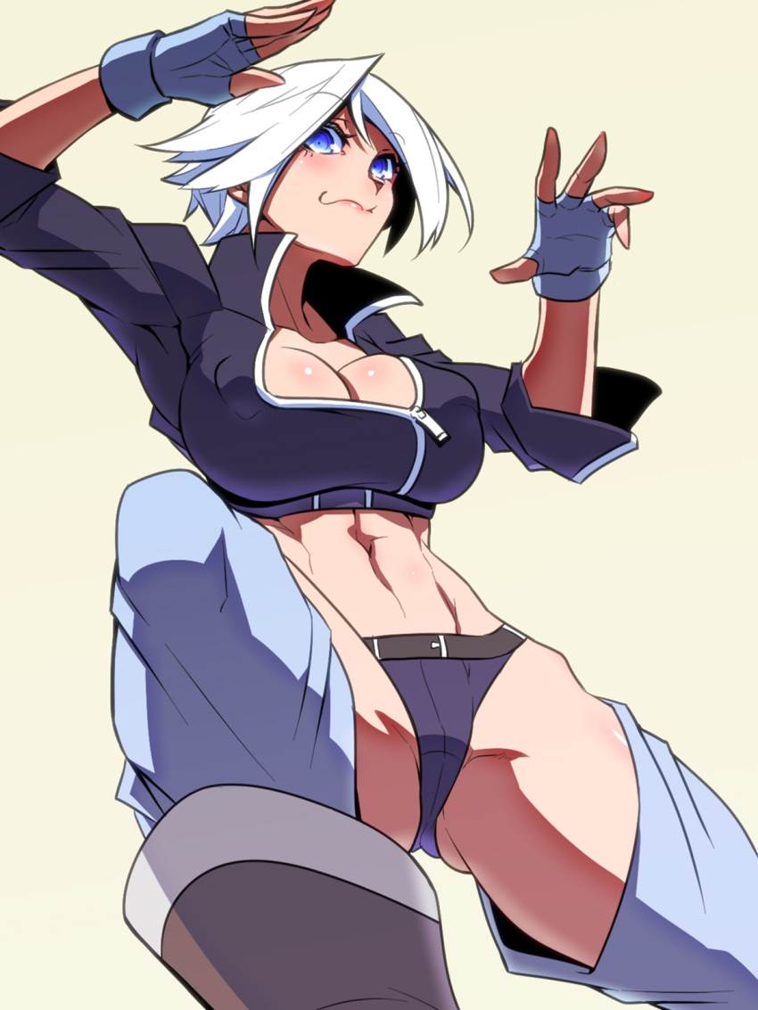 1girl angel_(kof) blue_eyes boots breasts chaps cleavage commentary_request cowboy_boots cropped_jacket eyebrows_visible_through_hair fingerless_gloves gloves highres jacket jin_(mugenjin) large_breasts leather leather_jacket looking_at_viewer mexican short_hair simple_background smile snk solo the_king_of_fighters toned white_hair