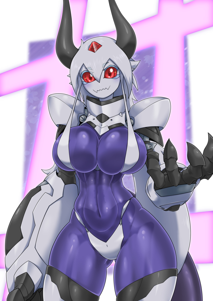 2_horns 5_fingers abstract_background absurd_res android big_breasts big_hands breasts cleavage clothed clothing digital_media_(artwork) female fingers front_view full_cleavage grey_body grey_hands grey_horn grey_skin grey_tail hair head_horn hi_res horn huge_breasts humanoid long_hair machine metallic_hair monotone_eyes monotone_horn multicolored_body multicolored_skin not_furry orca_(pochincoff) portrait pseudo_hair purple_body purple_skin red_eyes red_sclera robot robot_humanoid solo standing three-quarter_portrait topwear translucent translucent_body white_body white_hair white_skin yuuyatails