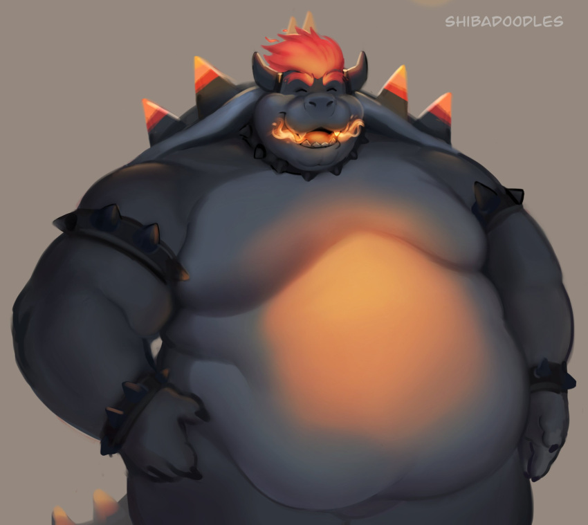 2021 anthro belly black_body bowser bowser's_fury eyes_closed fury_bowser hi_res koopa male mario_bros moobs nintendo obese obese_anthro obese_male overweight overweight_anthro overweight_male scalie shibadoodles simple_background solo video_games