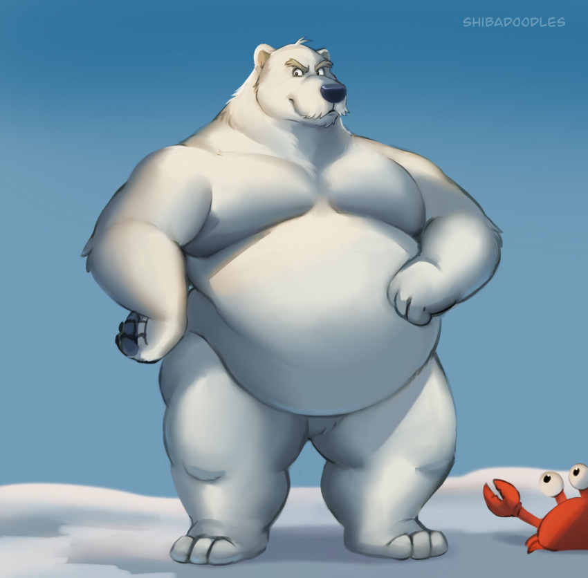 2021 anthro belly black_nose club_penguin duo fur herbert_p._bear hi_res male mammal obese obese_male outside overweight overweight_male polar_bear shibadoodles snow ursid ursine white_body white_fur
