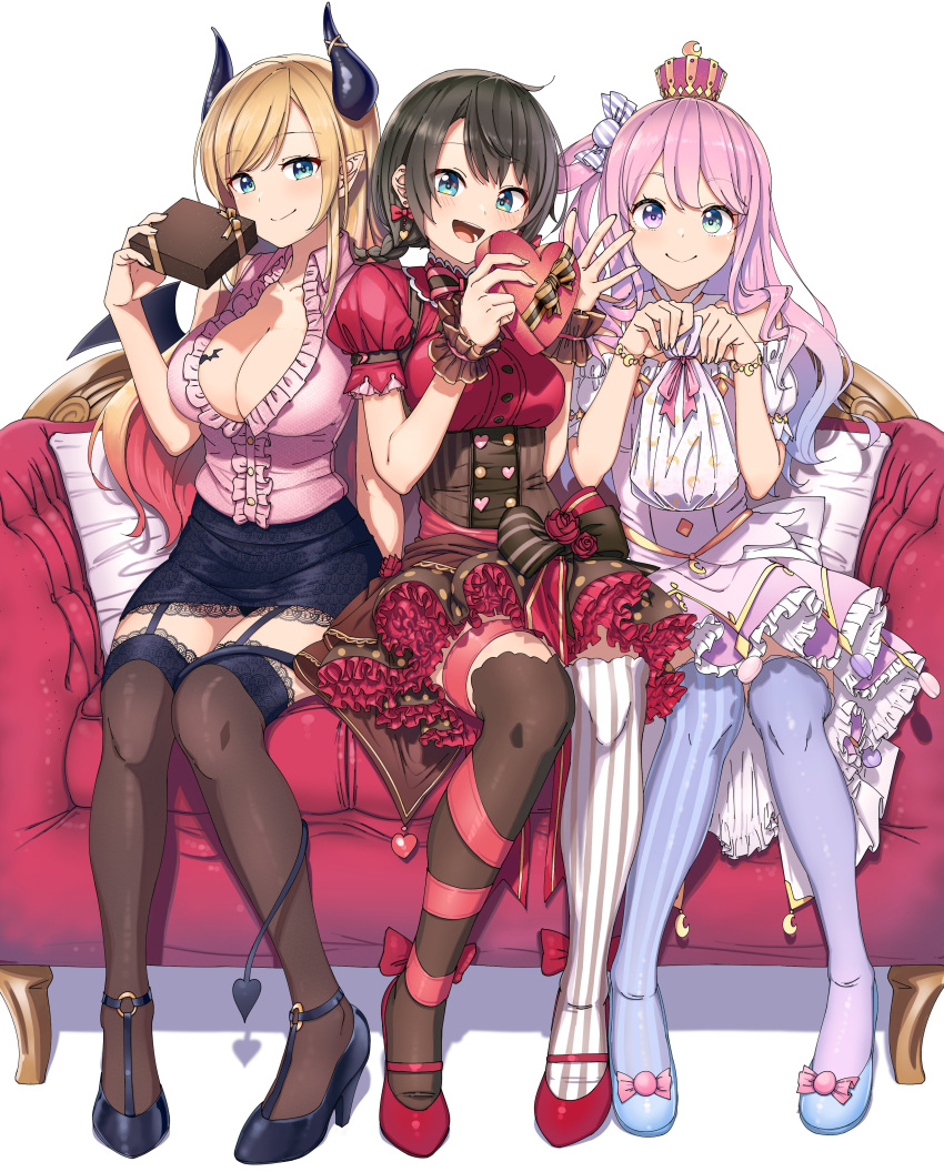 3girls absurdres alternate_costume alternate_hairstyle bangs black_footwear blonde_hair blue_eyes blush bracelet braid breast_tattoo breasts brown_hair candy_hair_ornament cleavage collarbone corset couch crown demon_girl demon_horns demon_tail demon_wings dress earrings eyebrows_visible_through_hair food_themed_hair_ornament frilled_skirt frills garter_straps gift green_eyes hair_ornament hair_rings heart_button heterochromia high_heels highres himemori_luna hololive horns jewelry lace-trimmed_legwear lace_trim large_breasts long_hair looking_at_viewer mary_janes mini_crown miniskirt mismatched_legwear multiple_girls no_hat no_headwear one_side_up oozora_subaru open_mouth petticoat pinafore_dress pink_hair pointy_ears purple_eyes red_footwear red_ribbon ribbon shinomu_(cinomoon) shoes short_braid short_hair simple_background skirt smile striped striped_legwear tail tail_around_leg tattoo thighhighs twin_braids vertical-striped_legwear vertical_stripes virtual_youtuber white_background winged_heart wings wrist_cuffs yuzuki_choco