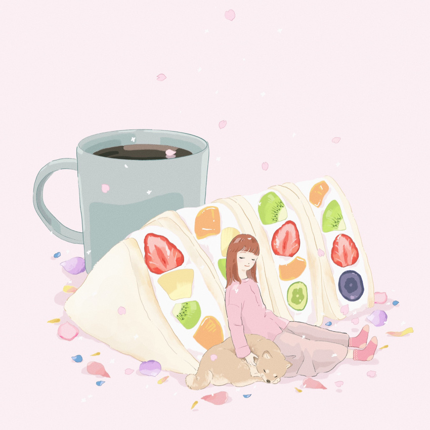 1girl bangs blunt_bangs brown_hair closed_eyes cup dog food fruit_sandwich grey_skirt highres long_hair long_sleeves minigirl mug mumu_161 original petals pink_legwear pink_shirt shirt sitting skirt smile socks solo wide_shot