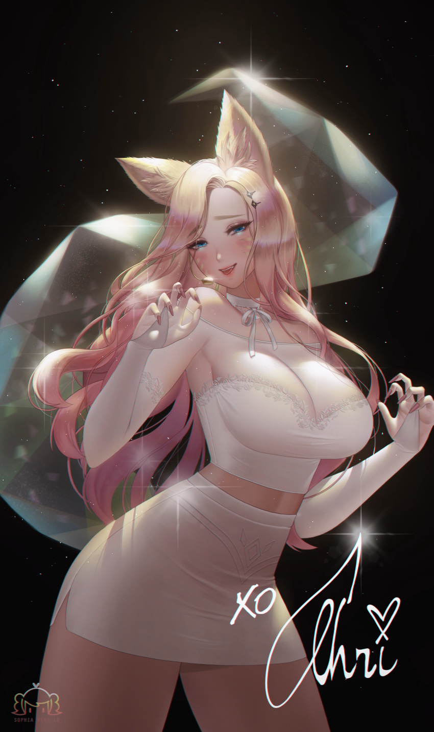 absurdres ahri animal_ears black_background blue_eyes breasts commentary english_commentary fingernails hair_ornament highres huge_breasts k/da_(league_of_legends) k/da_ahri league_of_legends long_fingernails long_hair looking_at_viewer miniskirt signature simple_background skirt solo sophia_vera_lu standing tagme white_skirt