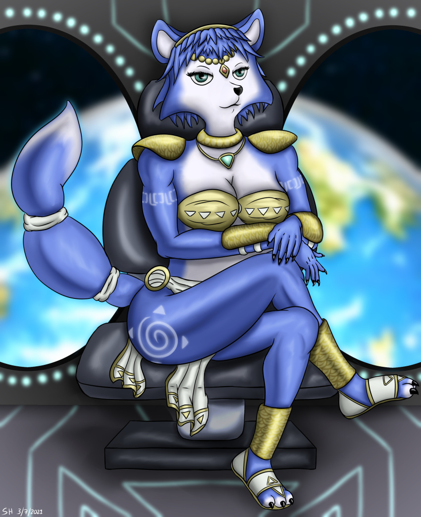 2021 absurd_res anthro blue_body blue_fur blue_hair bottomwear bra canid canine claws clothing crossed_legs female footwear fox fur green_eyes hair hi_res jewelry krystal loincloth mammal nintendo sandals signature sinharvester smile solo star_fox tattoo underwear video_games