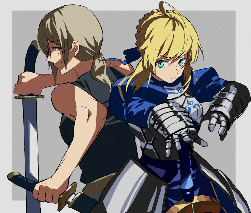 2girls ahoge alternate_eye_color armor armored_dress artoria_pendragon_(all) bare_shoulders blonde_hair breastplate breasts chainsaw_man crossover dual_wielding excalibur_(fate/stay_night) expressionless eyebrows_visible_through_hair fate/stay_night fate_(series) gauntlets green_eyes hair_ribbon highres holding holding_sword holding_weapon medium_breasts multiple_girls puffy_sleeves quanxi_(chainsaw_man) red_eyes ribbon saber sdf1313 shirt_tucked_in silver_hair sword tank_top weapon