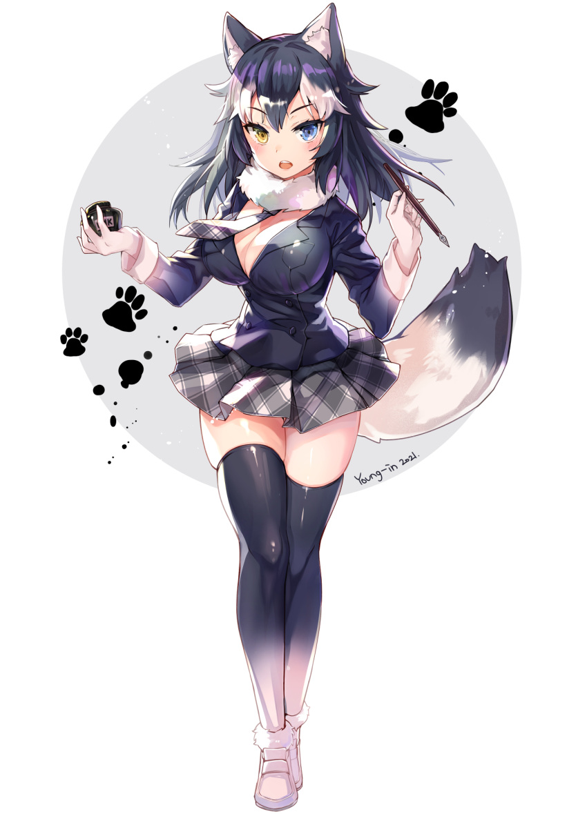 1girl 2021 animal_ears artist_name black_hair blue_eyes blush breast_pocket breasts cleavage dated full_body fur_collar gradient gradient_legwear grey_wolf_(kemono_friends) heterochromia highres ink jin_young-in kemono_friends large_breasts looking_at_viewer multicolored_hair open_mouth plaid_neckwear pocket skirt solo tail thighhighs two-tone_hair white_hair wolf_ears wolf_girl wolf_tail yellow_eyes zettai_ryouiki