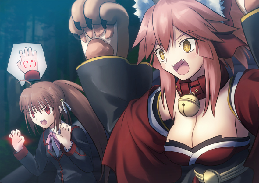 2girls ahoge animal_ear_fluff animal_ears bare_shoulders bell breasts brown_hair cat_paws cleavage collar command_spell crossover detached_sleeves eyebrows_visible_through_hair fangs fate/grand_order fate_(series) forest fox_ears fox_girl gloves hair_bell hair_ornament hair_ribbon japanese_clothes jingle_bell kimono large_breasts little_busters! long_hair medium_breasts migiha multiple_girls natsume_rin nature neck_bell open_mouth outdoors paw_gloves paws pink_hair ponytail red_eyes red_kimono red_ribbon ribbon school_uniform tamamo_(fate)_(all) tamamo_cat_(fate) type-moon very_long_hair yellow_eyes