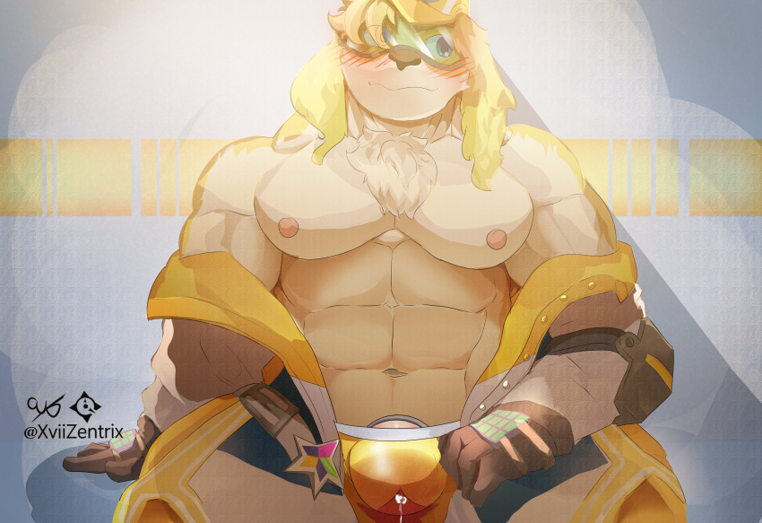 abs absurd_res anthro blush bodily_fluids clothing eyewear genital_fluids goggles hi_res hisaki_(live-a-hero) live-a-hero male muscular muscular_anthro muscular_male nipples pecs precum precum_through_clothing solo speedo swimwear wet wet_clothing xviizentrix