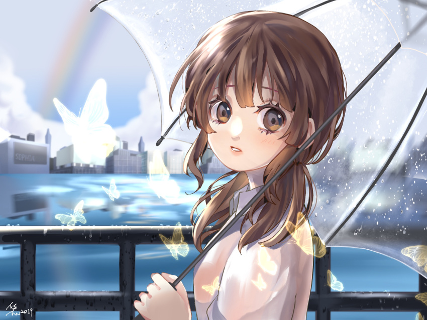 1girl 2019 bangs brown_hair bug butterfly city commentary_request highres holding holding_umbrella insect medium_hair original outdoors signature solo sophia_vera_lu twintails umbrella water white_butterfly