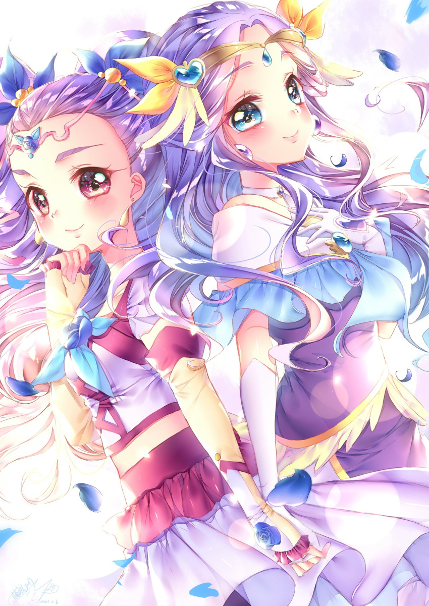2girls aqua_eyes blush choker color_connection commentary_request cure_earth detached_sleeves dress earrings eyelashes fuurin_asumi hair_ornament happy healin'_good_precure highres holding_hands jewelry looking_at_viewer magical_girl milk_(yes!_precure_5) milky_rose mimino_kurumi multiple_girls petals precure purple_dress purple_eyes smile standing touki_matsuri yes!_precure_5 yes!_precure_5_gogo!
