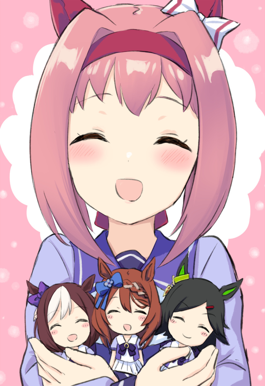 4girls :d ^_^ animal_ears bangs black_hair blue_bow blush bow braid brown_hair chibi closed_eyes closed_mouth commentary_request engiyoshi facing_viewer hair_bow hair_intakes hairband haru_urara_(umamusume) highres horse_ears long_sleeves minigirl multicolored_hair multiple_girls open_mouth pink_hair pleated_skirt puffy_long_sleeves puffy_short_sleeves puffy_sleeves purple_bow purple_shirt red_hairband shirt short_hair short_sleeves sidelocks skirt smile special_week super_creek swept_bangs two-tone_hair umamusume white_bow white_hair white_skirt winning_ticket