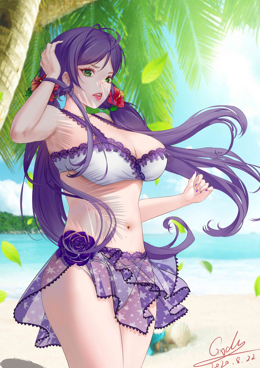 1girl absurdres beach bikini blue_sky commentary_request dated day flower green_eyes gxdy hair_flower hair_ornament highres lipstick long_hair looking_at_viewer love_live! love_live!_school_idol_project low_twintails makeup midriff nail_polish navel ocean palm_tree pink_lips purple_hair purple_nails purple_sarong sarong shadow signature sky solo sun swimsuit toujou_nozomi tree twintails white_bikini