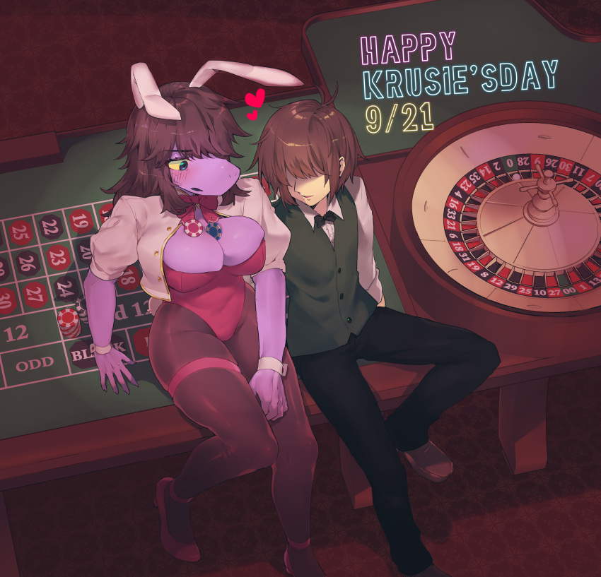 absurd_res accessory big_breasts blush breasts bunny_costume casino clothing clothing_over_leotard costume deltarune dinosaur duo female footwear garter hi_res high_heels human item_in_cleavage jacket_over_leotard kris_(deltarune) leg_garter looking_at_breasts male mammal non-mammal_breasts poker_chip reptile scalie shoes sskomu_(artist) susie_(deltarune) video_games