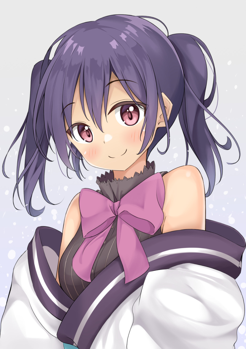 1girl bangs bare_shoulders black_hair black_shirt blush bow bowtie buttons closed_mouth collared_shirt commentary_request cropped_torso eyebrows_visible_through_hair grey_background hair_between_eyes highres japanese_clothes keito4f kimono long_sleeves looking_at_viewer medium_hair off_shoulder purple_bow purple_eyes purple_neckwear sash shiny shiny_hair shiny_skin shirt shoulder_blush sleeveless sleeveless_shirt smile snowflakes solo striped striped_shirt twintails upper_body urara_meirochou vertical-striped_shirt vertical_stripes white_kimono yukimi_koume