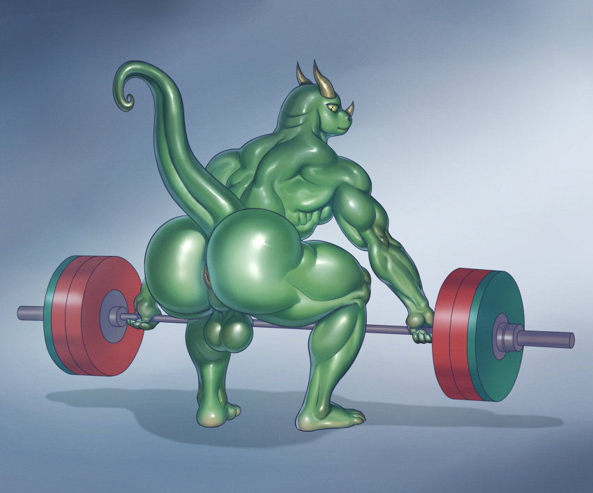 2020 anthro anus back_muscles backsack balls barbell big_butt big_muscles butt deadlift digornio_(scrublordman) dinosaur exercise genitals hi_res horn looking_at_viewer looking_back looking_back_at_viewer lytta_the_bug male muscular muscular_anthro muscular_male nude perineum reptile scalie solo thick_thighs triceps weightlifting workout