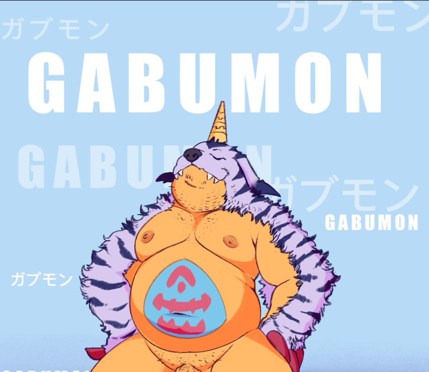 2021 anthro belly burrserk digimon digimon_(species) eyes_closed gabumon genitals hi_res male moobs navel nipples overweight overweight_anthro overweight_male penis solo text