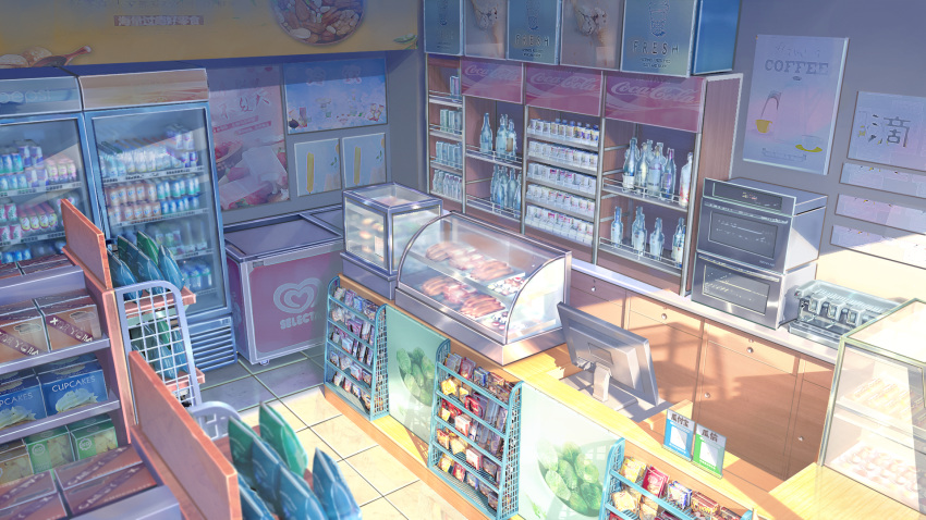 alcohol can cash_register cigarette cigarette_pack coffee_maker_(object) commentary convenience_store food freezer highres liquor meat no_humans original package refrigerator scenery shelf shop soda_can sunlight user_swzc2434