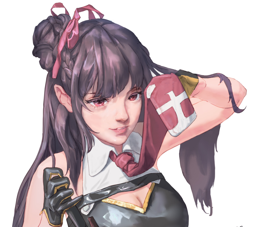 1girl arm_up bare_shoulders black_gloves braid breasts brown_hair bullpup cleavage cleavage_cutout clothing_cutout cropped eyebrows_visible_through_hair girls_frontline gloves gun half_gloves highres holding holding_weapon long_hair multicolored multicolored_clothes multicolored_gloves parted_lips pink_eyes pink_lips red_neckwear rifle smile sniper_rifle solo tribute_tea two-tone_gloves wa2000_(girls_frontline) walther walther_wa_2000 weapon white_background yellow_gloves
