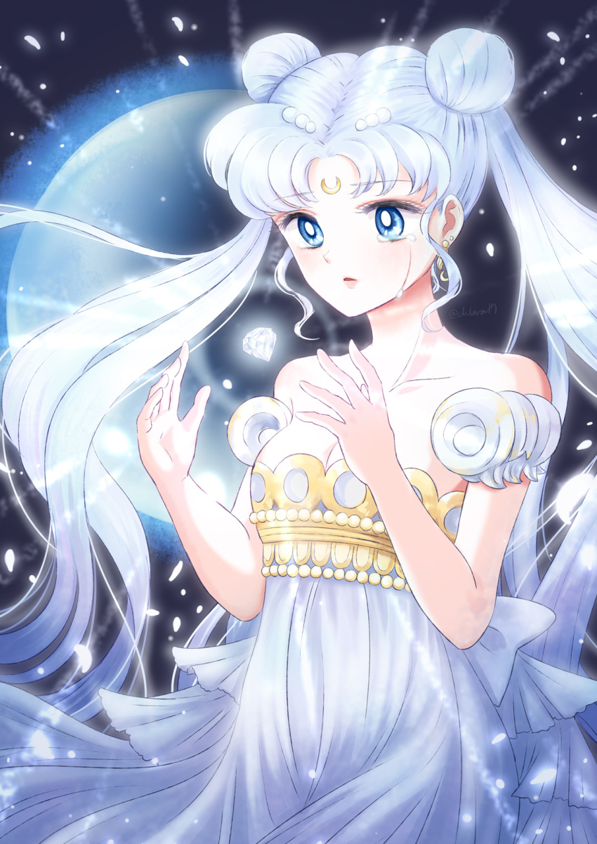 1girl back_bow bangs bare_shoulders bishoujo_senshi_sailor_moon blue_eyes bow chlora_imasayo collarbone cowboy_shot crescent_facial_mark crying crying_with_eyes_open double_bun dress earrings facial_mark forehead_mark gem hair_ornament hairpin highres jewelry long_hair maboroshi_no_ginzuishou magic parted_bangs parted_lips princess_serenity puffy_sleeves solo strapless strapless_dress tears tsukino_usagi twintails twitter_username white_bow white_dress white_hair