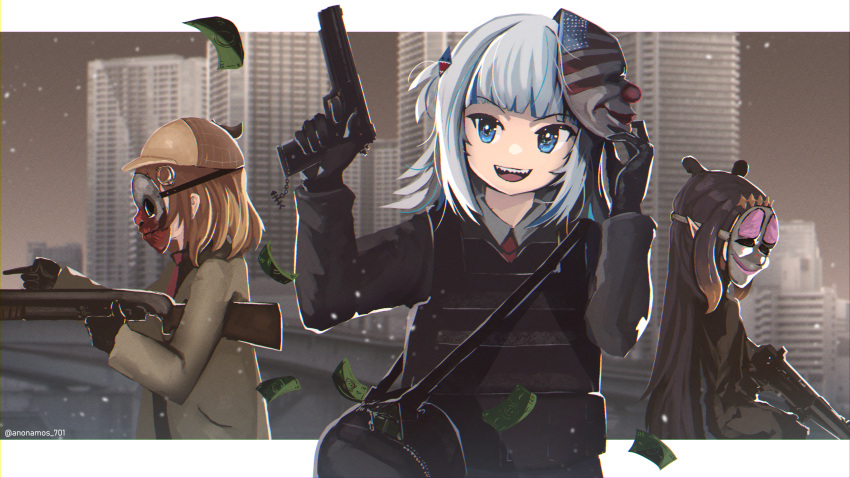 3girls :d american_flag american_flag_print anonamos bag bangs beige_coat blonde_hair blue_eyes blunt_bangs blurry blurry_background brown_headwear bulletproof_vest coat collared_shirt deerstalker eyebrows_visible_through_hair flag_print from_side gawr_gura gun hair_ornament handgun hat highres holding holding_gun holding_weapon hololive hololive_english looking_to_the_side mask mask_on_head medium_hair monocle_hair_ornament multicolored_hair multiple_girls necktie night night_sky ninomae_ina'nis open_mouth outdoors payday_(series) pistol pointy_ears profile shark_hair_ornament shirt short_hair shoulder_bag sky smile star_(sky) streaked_hair two_side_up upper_body virtual_youtuber watson_amelia weapon