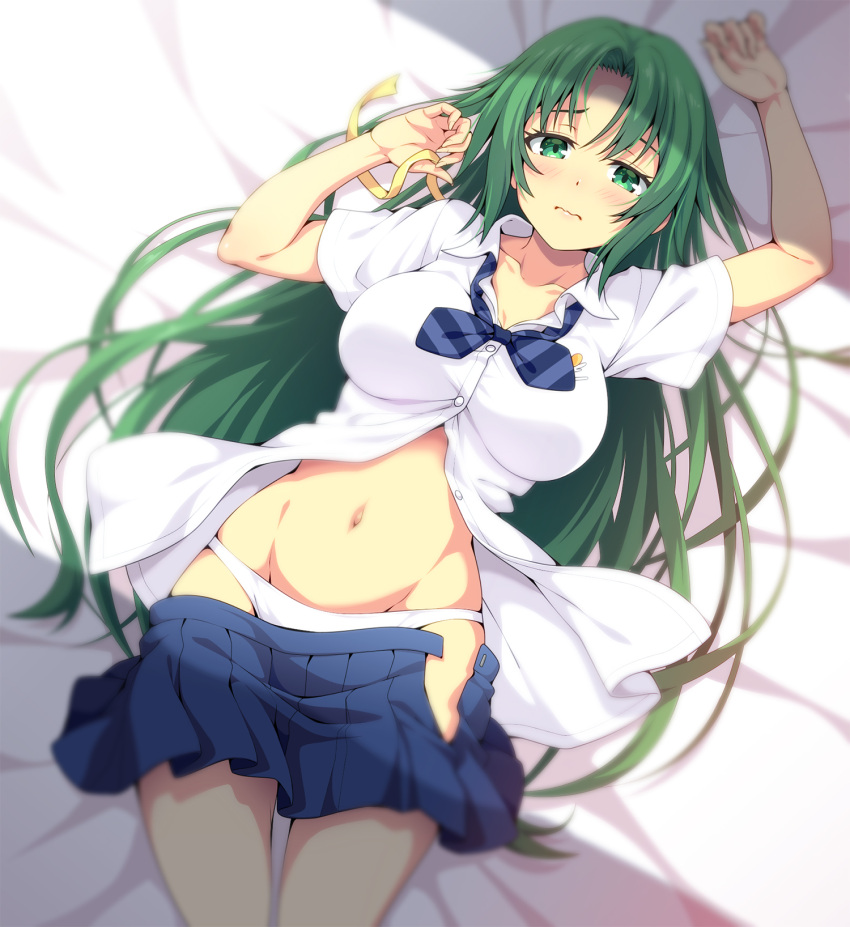 1girl bangs blue_neckwear blue_skirt blush breasts collarbone cowboy_shot dot_nose dress_shirt green_eyes green_hair hair_down highres higurashi_no_naku_koro_ni large_breasts long_hair looking_at_viewer lying mzde2873 navel on_back panties parted_bangs pleated_skirt ribbon school_uniform shirt short_sleeves skirt skirt_pull solo sonozaki_shion striped striped_neckwear unbuttoned unbuttoned_shirt underwear very_long_hair wavy_mouth white_panties white_shirt yellow_ribbon