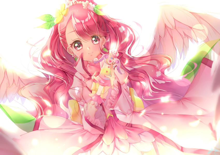 1girl blush commentary_request cure_grace dress earrings eyelashes hair_ornament hanadera_nodoka happy healin'_good_precure highres jewelry layered_dress layered_skirt light_blush long_sleeves looking_at_viewer magical_girl pink_dress pink_eyes pink_hair pink_skirt precure puffy_long_sleeves puffy_sleeves simple_background skirt smile solo touki_matsuri white_background wings