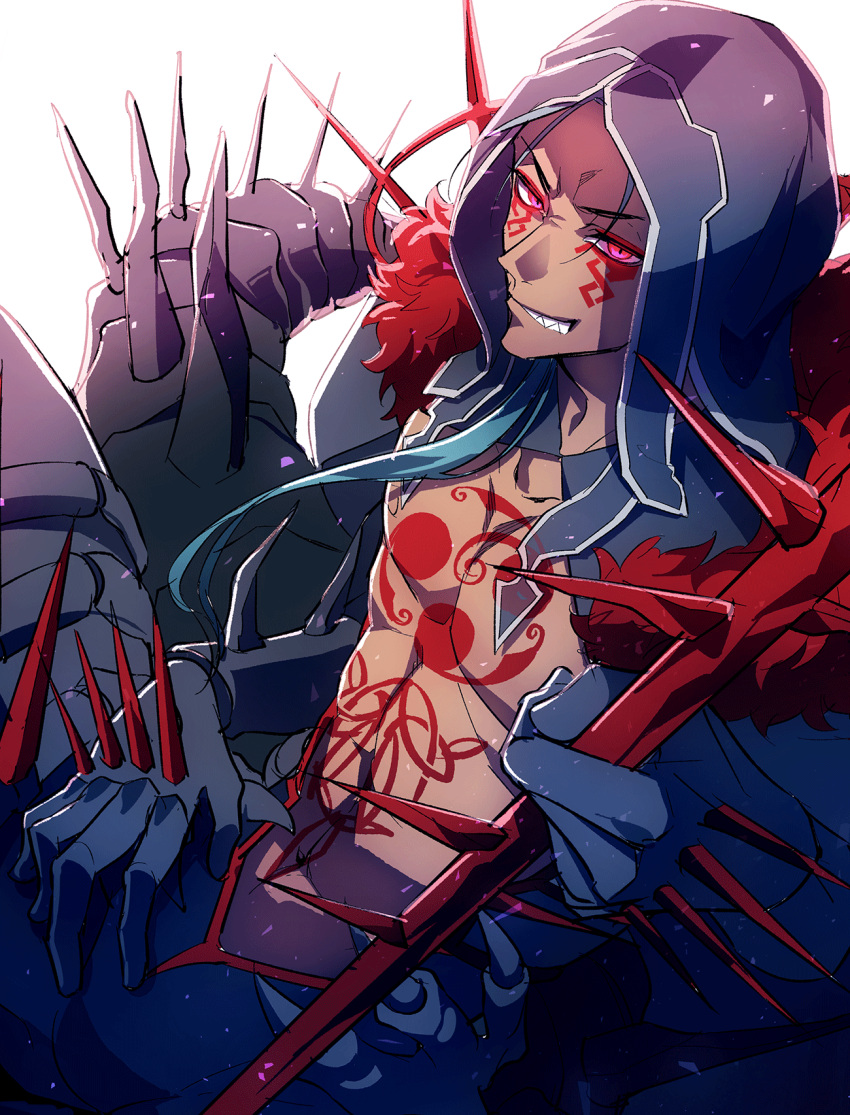 1boy bare_pecs black_gloves blue_hair chest_tattoo cu_chulainn_(fate)_(all) cu_chulainn_alter_(fate/grand_order) dark_skin dark_skinned_male facial_mark fate/grand_order fate_(series) gae_bolg_(fate) gloves grin hair_over_shoulder highres holding holding_spear holding_weapon hood long_hair male_focus manomenou monster_boy polearm red_eyes sharp_teeth smile solo spear spikes tail tattoo teeth weapon white_background