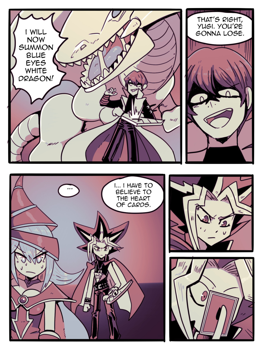 2021 3:4 blue-eyes_white_dragon bodily_fluids breasts card clothing comic dark_magician_girl dialogue dragon english_text female feral group hi_res human konami male mammal scalie seto_kaiba sweat text wolfrad yami_yugi yu-gi-oh yu-gi-oh_card yugi_muto