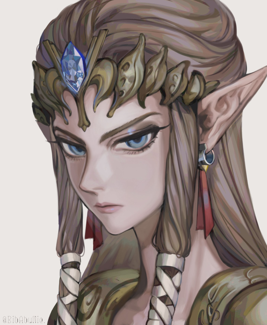 1girl bibabunie blue_eyes brown_hair closed_mouth diadem earrings english_commentary grey_background hair_ribbon highres jewelry lips long_hair looking_at_viewer pointy_ears princess_zelda ribbon sidelocks simple_background solo the_legend_of_zelda the_legend_of_zelda:_twilight_princess tiara twitter_username upper_body