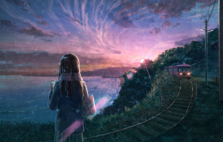 1girl blue_jacket blue_skirt blue_sky brown_hair cellphone cloud facing_away from_behind ground_vehicle highres holding holding_phone jacket kai_sei light_particles long_sleeves ocean original outdoors phone pier pleated_skirt power_lines purple_sky railroad_tracks scarf scenery skirt sky smartphone solo train utility_pole