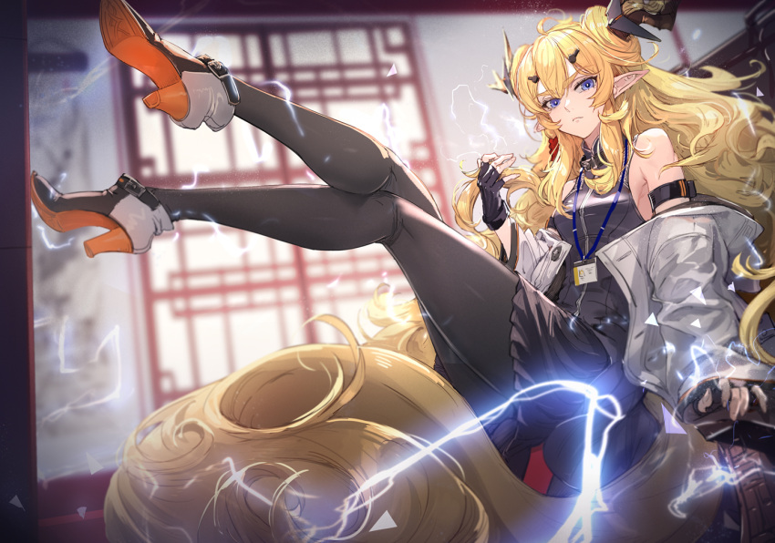 arknights blonde_hair blue_eyes gloves horns leizi_(arknights) long_hair pantyhose pointed_ears ryuuzaki_ichi tail