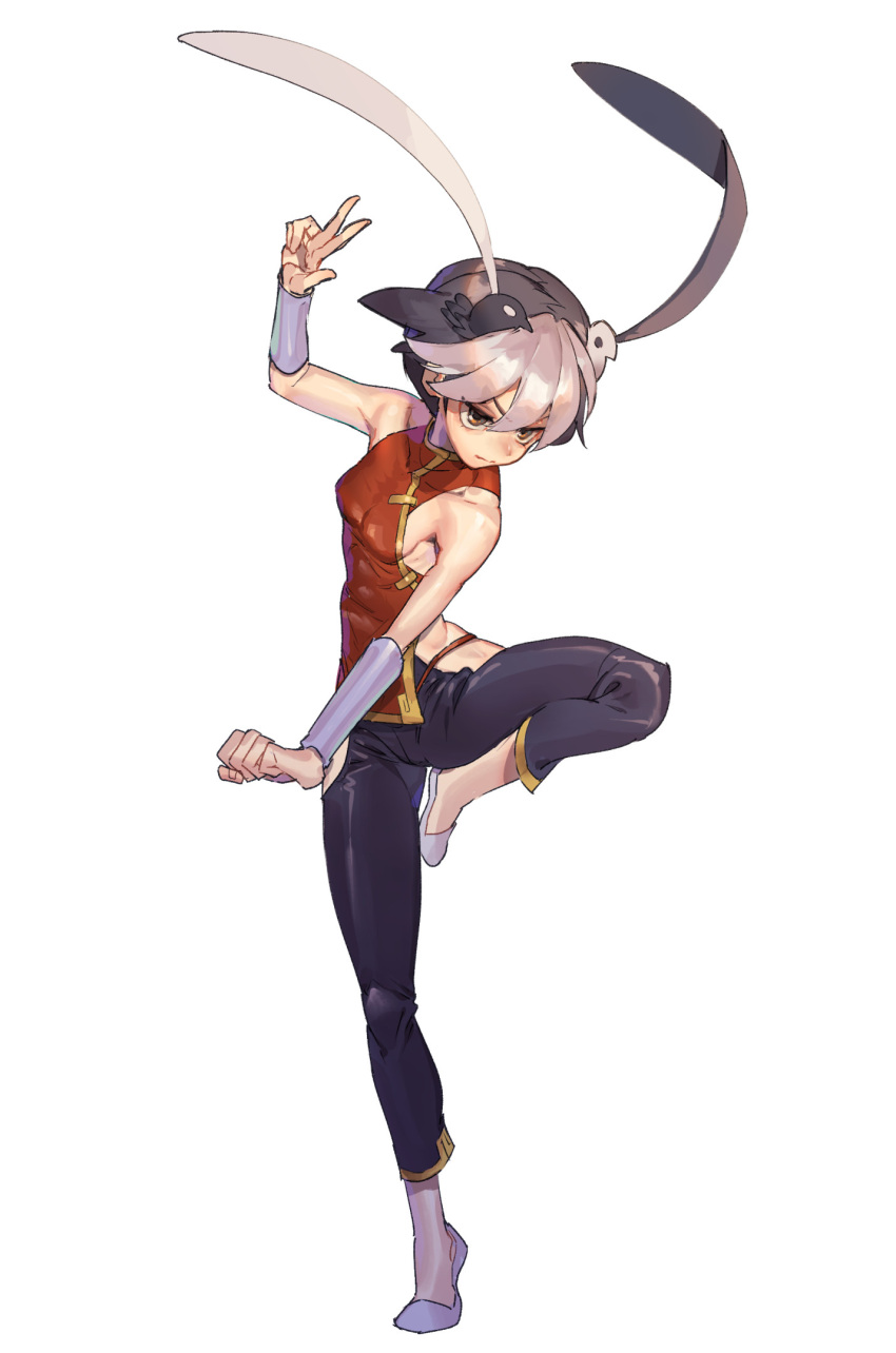 1girl animal_ears bare_shoulders black_hair brown_eyes bunny_ears china_dress chinese_clothes closed_mouth collarbone covered_collarbone dress fake_animal_ears feng_(skullgirls) fighting_stance grey_background hair_between_eyes highres multicolored multicolored_hair short_hair simple_background skullgirls solo standing standing_on_one_leg tanakalmasaga vambraces w white_hair yin_yang