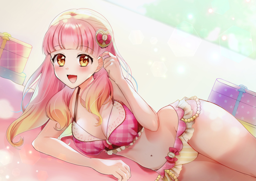 1girl :d absurdres aikatsu!_(series) aikatsu_friends! arm_rest bangs bare_arms bare_legs bare_shoulders beamed_eighth_notes beamed_sixteenth_notes blunt_bangs blurry blurry_background blush box bra breasts brown_eyes checkered checkered_bra checkered_panties cleavage commentary_request depth_of_field dutch_angle eighth_note elbow_rest eyebrows_visible_through_hair frilled_bra frilled_panties frills gift gift_box gradient_hair groin hair_ornament hair_over_shoulder halterneck heart heart_hair_ornament highres kowano large_breasts lens_flare lingerie long_hair looking_at_viewer lying midriff multicolored_hair musical_note nail_polish navel on_bed on_side open_mouth orange_hair panties pink_bra pink_hair pink_lips pink_nails pink_panties quarter_note smile solo stomach thick_thighs thighs treble_clef treble_clef_hair_ornament underwear yuuki_aine