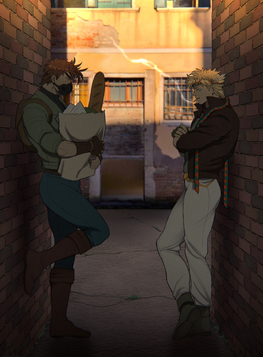 2boys against_wall alley alternate_costume backpack bag baguette battle_tendency belt blonde_hair boots bread brick_wall brown_belt brown_footwear brown_gloves brown_hair brown_jacket caesar_anthonio_zeppeli catneylang cigarette closed_eyes commentary covered_mouth crack cracked_floor crossed_ankles crossed_arms denim english_commentary eyebrows facial_mark fingerless_gloves food foot_up from_side full_body gloves green_footwear green_gloves green_jacket grocery_bag hamon_mask headband highres holding holding_bag jacket jeans jojo_no_kimyou_na_bouken joseph_joestar_(young) knee_boots leaning looking_away looking_down male_focus mask mouth_hold multiple_boys multiple_sources outdoors pants paper_bag photo_background popped_collar profile shopping_bag short_hair smoke smoking standing standing_on_one_leg thick_eyebrows triangle_print wall white_pants wing_hair_ornament