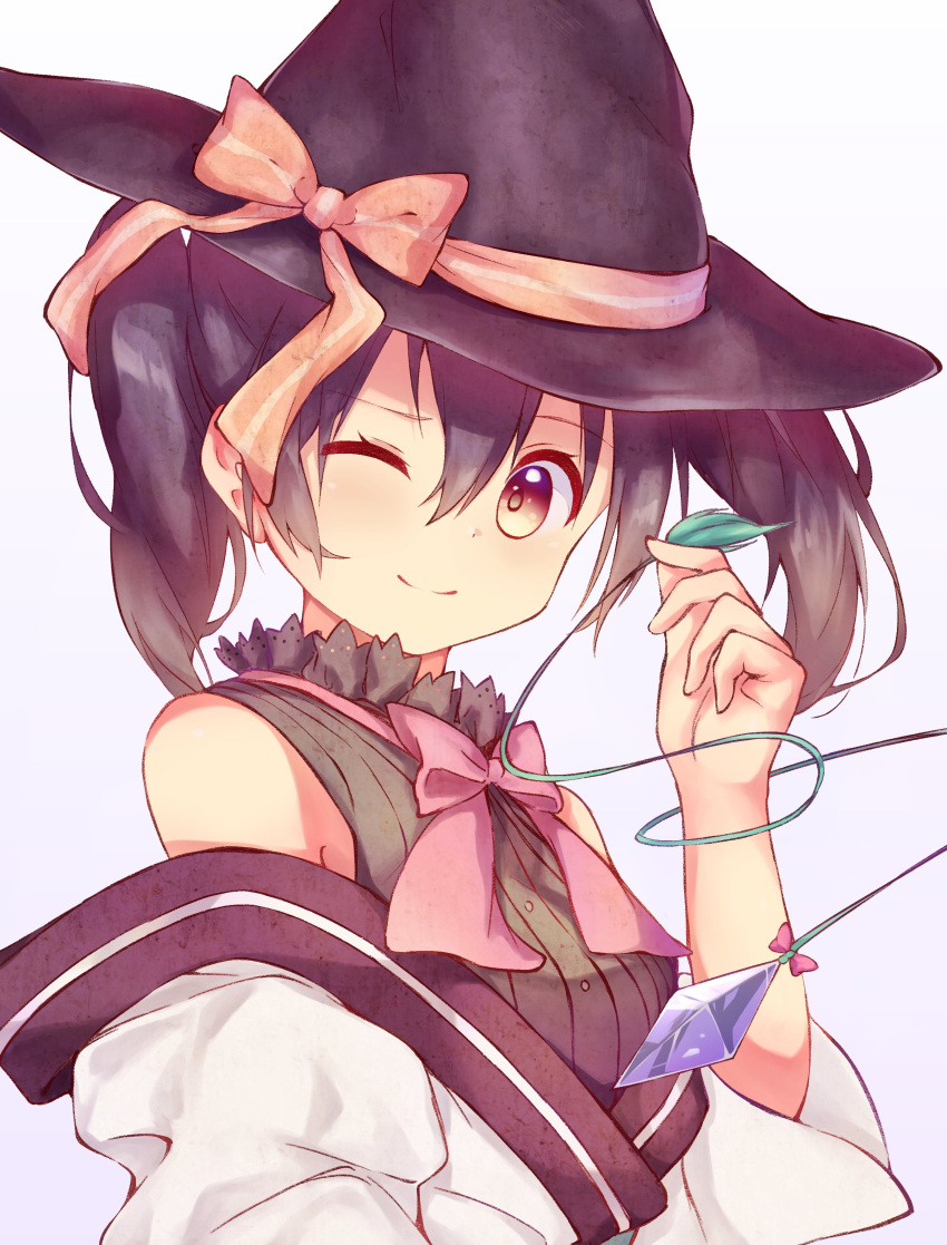 1girl absurdres bangs bare_shoulders black_hair black_headwear black_shirt blush bow bowtie buttons closed_mouth collared_shirt commentary_request cropped_torso eyebrows_visible_through_hair from_side gem gradient_eyes hair_between_eyes hat hat_bow head_tilt highres japanese_clothes kimono light_blush light_smile looking_at_viewer medium_hair multicolored multicolored_eyes off_shoulder one_eye_closed pink_bow pink_neckwear pizza_(artist) purple_eyes shirt sleeveless sleeveless_shirt smile solo striped striped_shirt twintails upper_body urara_meirochou vertical-striped_shirt vertical_stripes white_background white_kimono witch witch_hat yellow_eyes yukimi_koume