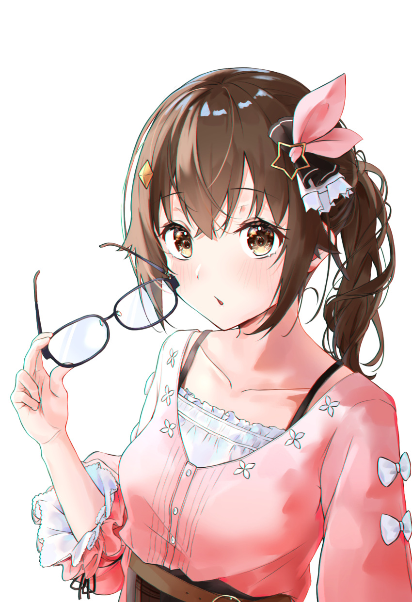 1girl bangs belt blouse breasts brown_eyes brown_hair chromatic_aberration collarbone ears eyebrows_visible_through_hair glasses hair_between_eyes hair_ornament hand_up highres holding hololive kiaoekakishitai looking_at_viewer medium_breasts medium_hair open_mouth ponytail simple_background solo tokino_sora virtual_youtuber white_background