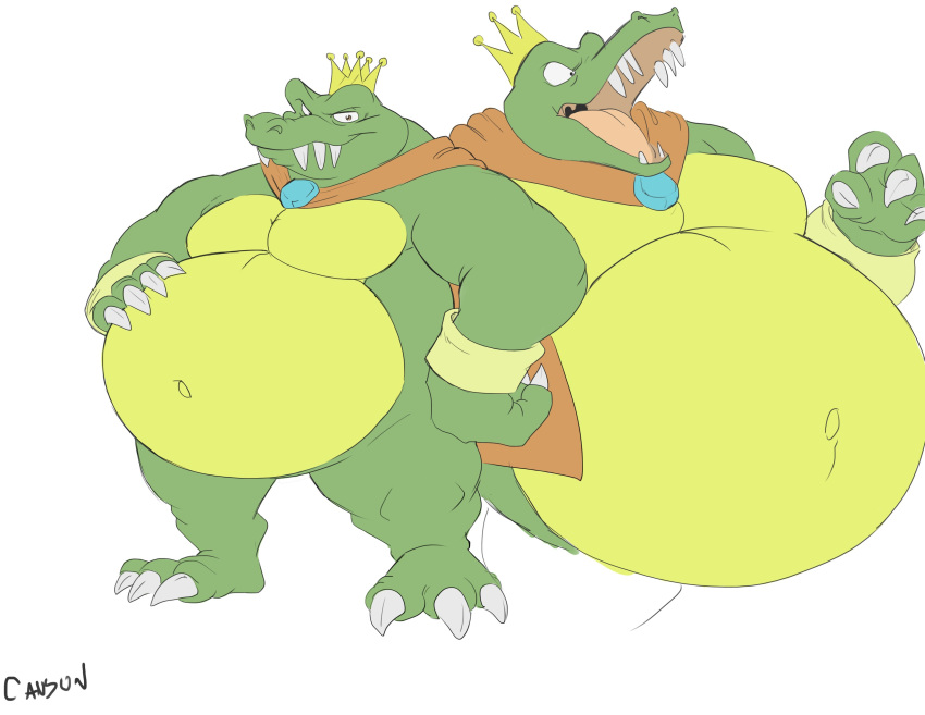 2018 3_toes 4_fingers absurd_res anthro belly biceps big_belly biped bottomless bracelet canson cape cape_only claws clothed clothing crocodile crocodilian crocodylid crown digital_media_(artwork) donkey_kong_(series) fangs feet finger_claws fingers front_view full-length_portrait green_body green_scales half-length_portrait hand_on_hip hand_on_stomach hi_res jewelry king king_k._rool kremling looking_at_viewer male mostly_nude multiple_angles multiple_poses musclegut muscular muscular_anthro muscular_male navel nintendo open_mouth outie_navel overweight overweight_anthro overweight_male pecs plantigrade portrait pose quads reptile royalty scales scalie sharp_teeth signature simple_background smile smirk solo standing teeth three-quarter_portrait toe_claws toes tongue uvula video_games white_background white_claws