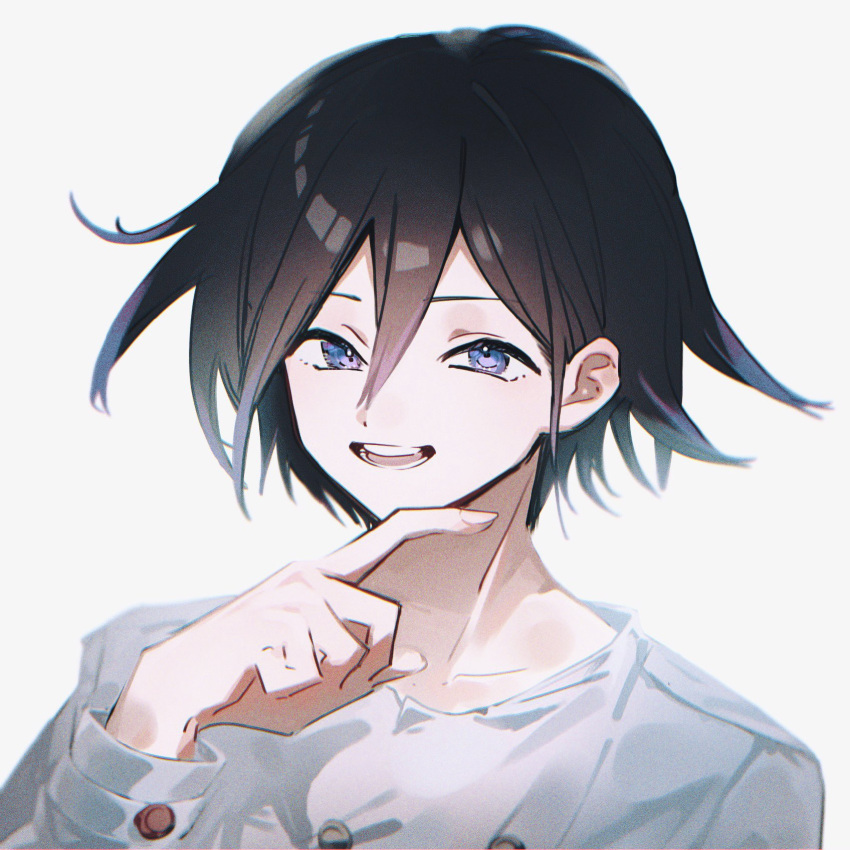 1boy bangs black_hair buttons collarbone danganronpa_(series) danganronpa_v3:_killing_harmony finger_to_own_chin gradient gradient_background grey_jacket hair_between_eyes highres jacket looking_at_viewer male_focus multicolored_hair open_mouth ouma_kokichi portrait purple_eyes purple_hair shiny shiny_hair shiny_skin simple_background smile solo teeth tongue two-tone_hair ze_ro_saiji