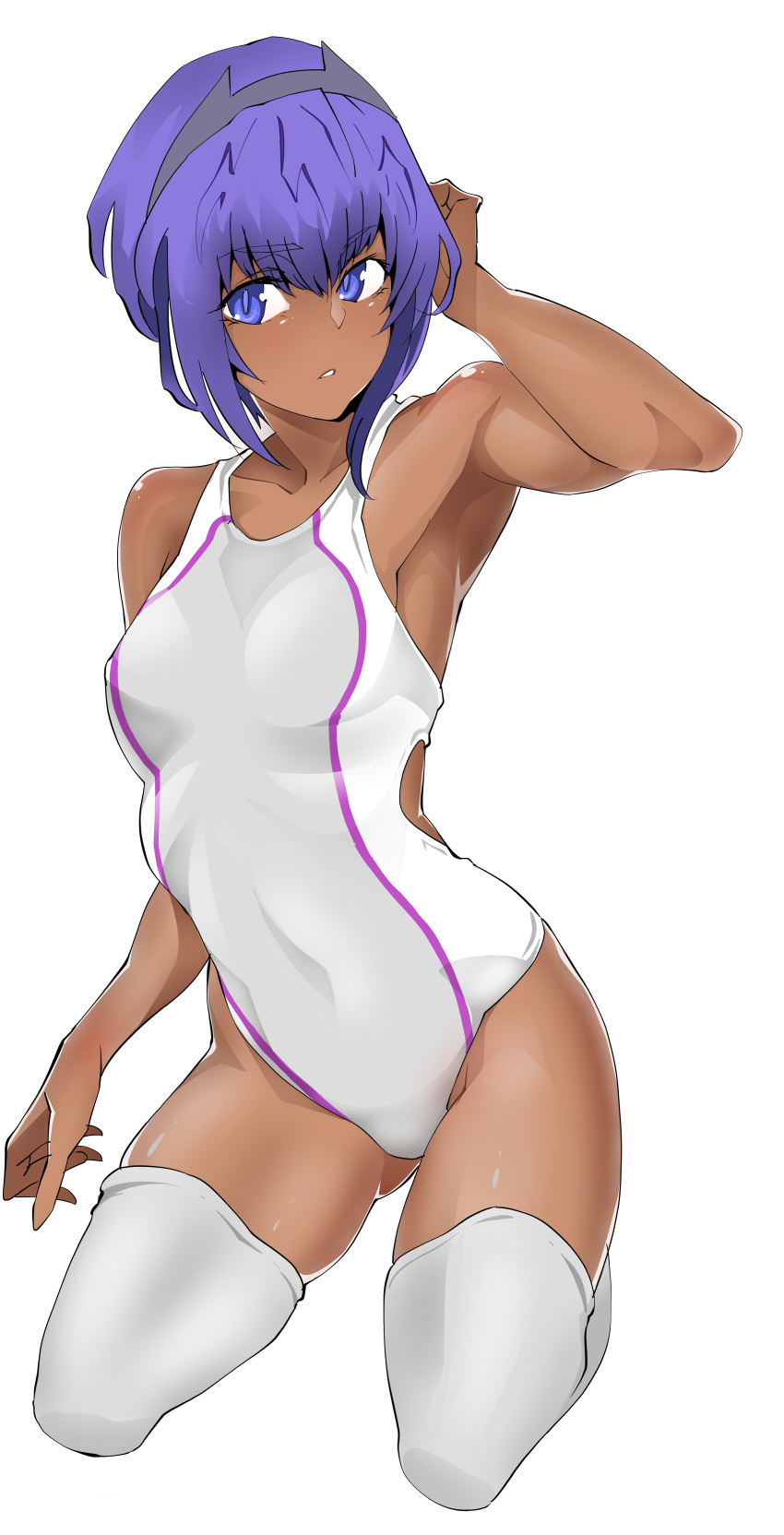 1girl absurdres blue_eyes blue_hair breasts competition_swimsuit dark_skin dark_skinned_female fate/grand_order fate_(series) full_body grey_swimsuit hairband hassan_of_serenity_(fate) highres kimuwaipu kneeling one-piece_swimsuit short_hair simple_background small_breasts solo swimsuit thighhighs two-tone_swimsuit white_background white_legwear