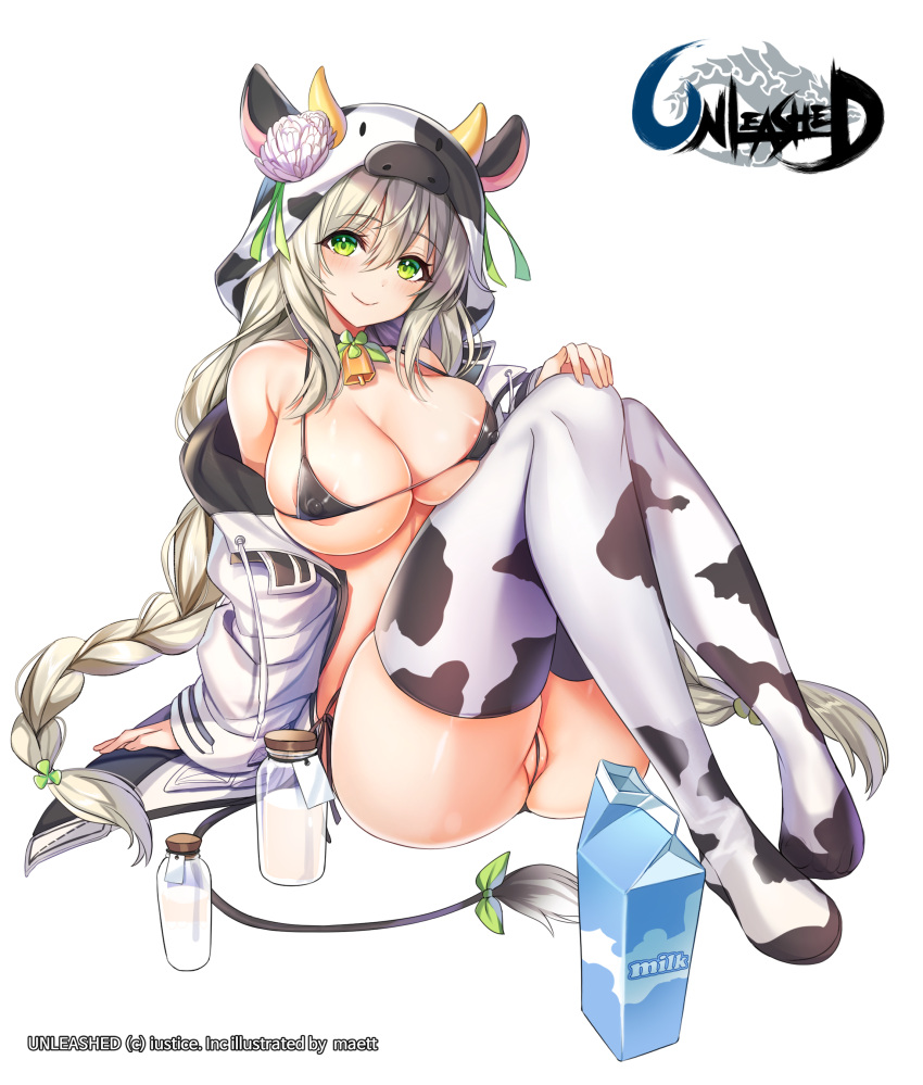 1girl absurdres animal_print areola_slip areolae arm_support ass bare_shoulders bell bikini black_bikini black_choker bottle braid breasts choker cleavage cow_hood cow_print cow_tail cowbell green_eyes highres jacket knees_up large_breasts long_hair long_sleeves looking_at_viewer maett micro_bikini milk_bottle milk_carton off_shoulder official_art open_clothes open_jacket partially_visible_vulva ribbon silver_hair simple_background sitting skindentation smile solo string_bikini swimsuit tail tail_ornament tail_ribbon thighhighs thighs twin_braids unleashed very_long_hair watermark white_background white_jacket white_legwear