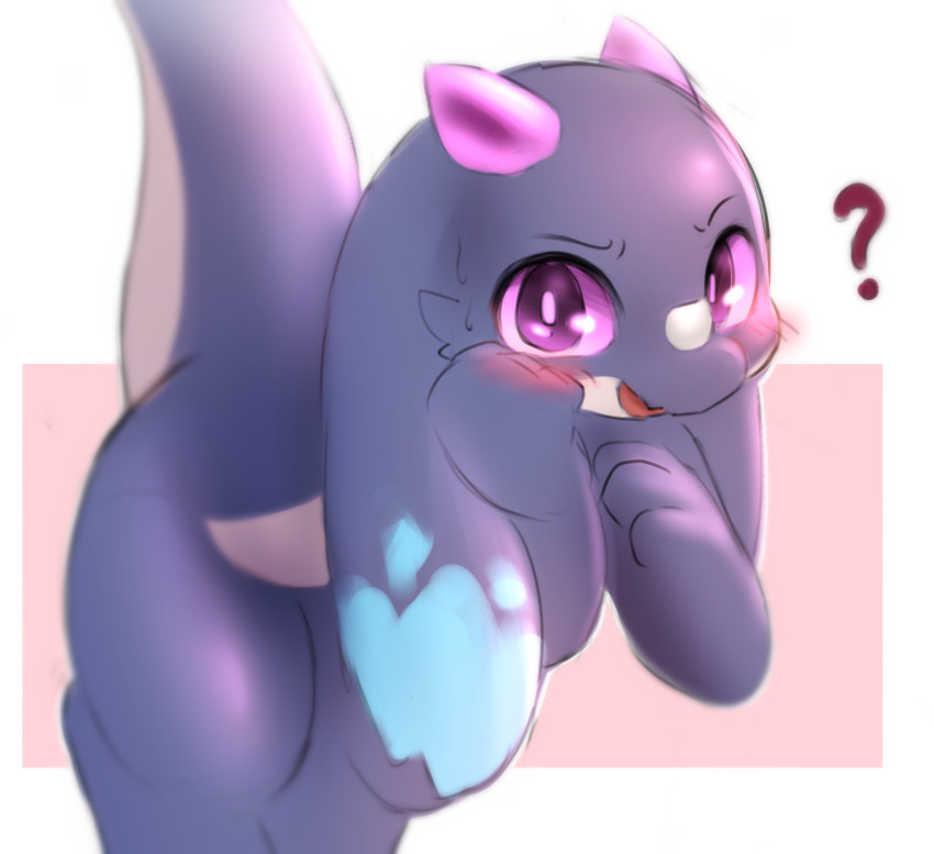 ? blue_body blue_fur blush dragon earth_wyrm feirune female feral floppy_ears fur hi_res horn kkolibyeol kumo_desu_ga_nani_ka? leaning leaning_forward looking_at_viewer purple_eyes raised_tail simple_background solo white_background