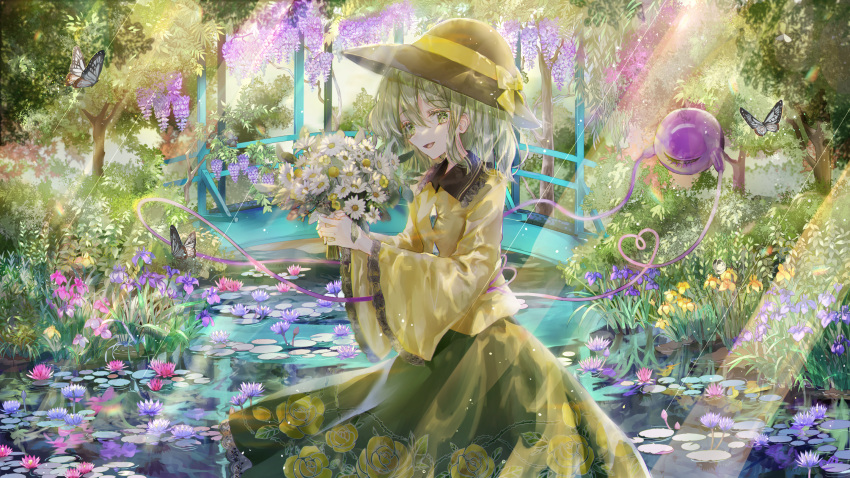 1girl :d black_headwear blouse bouquet bow breasts bug butterfly commentary_request daisy eyeball feet_out_of_frame floral_print flower flower_request frilled_shirt_collar frills garden green_eyes green_hair green_skirt hat hat_bow heart heart_of_string highres holding holding_bouquet insect komeiji_koishi light_rays lily_pad medium_hair open_mouth pink_flower piyo_(sqn2idm751) purple_flower skirt small_breasts smile solo standing sunlight third_eye touhou tree water white_flower wide_sleeves wisteria yellow_blouse yellow_bow yellow_flower