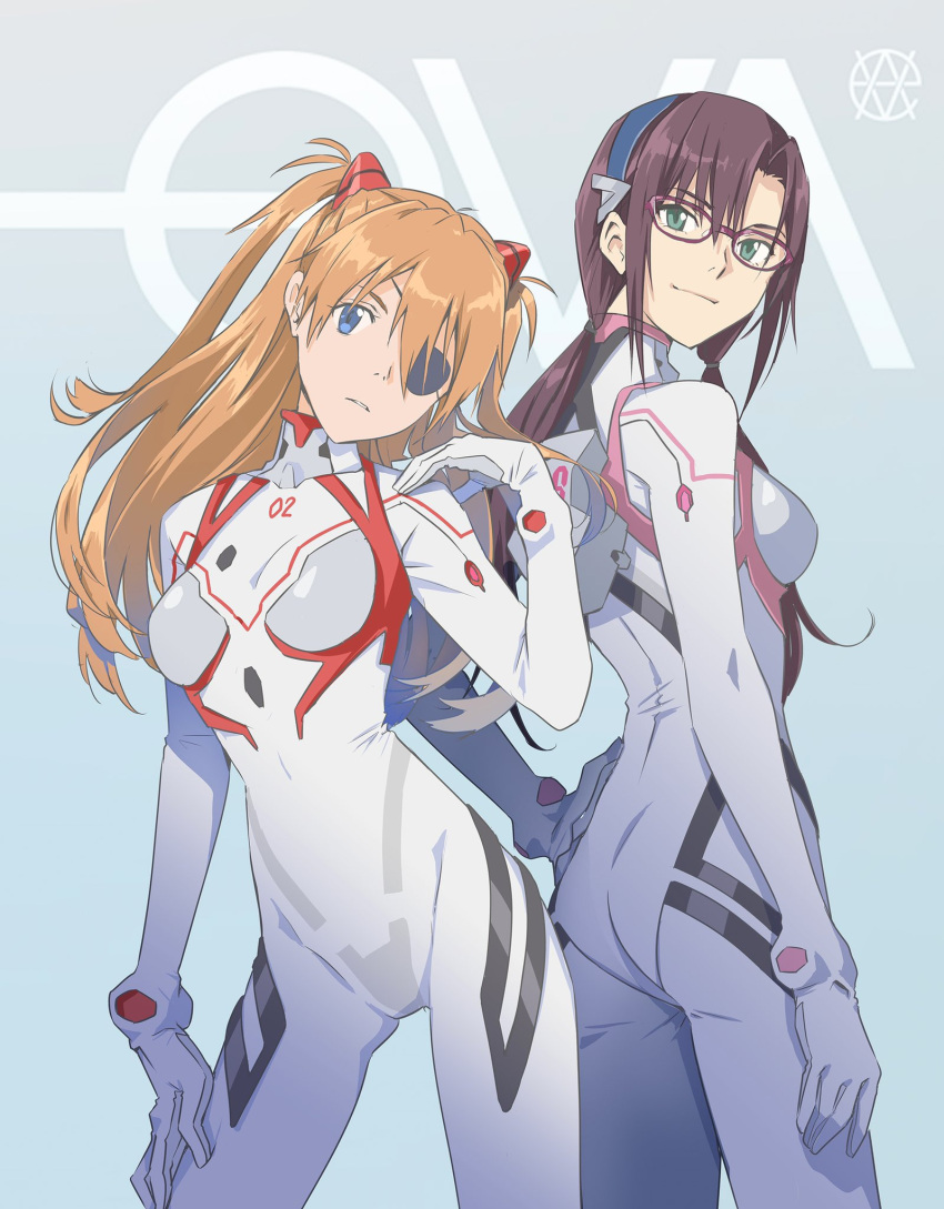 2girls blue_background blue_eyes blue_headband bodysuit breasts brown_hair commentary copyright_name cowboy_shot eva_02 eva_05 eyepatch glasses gradient gradient_background green_eyes grey_background hair_ornament hairclip headband highres long_hair makinami_mari_illustrious mino_tarou multiple_girls neon_genesis_evangelion number orange_hair pink_stripes plugsuit red-framed_eyewear red_stripes small_breasts souryuu_asuka_langley tsundere white_bodysuit