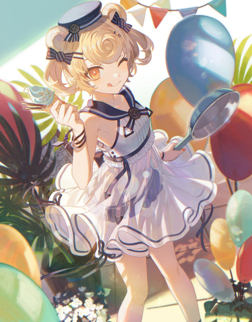 1girl absurdres animal_ears arknights balloon bare_shoulders bear_ears blonde_hair blush candy dress food frying_pan gummy_(arknights) hat highres holding ice_cream ji_mag_(artist) looking_at_viewer one_eye_closed orange_eyes plant short_twintails skirt solo tongue tongue_out twintails