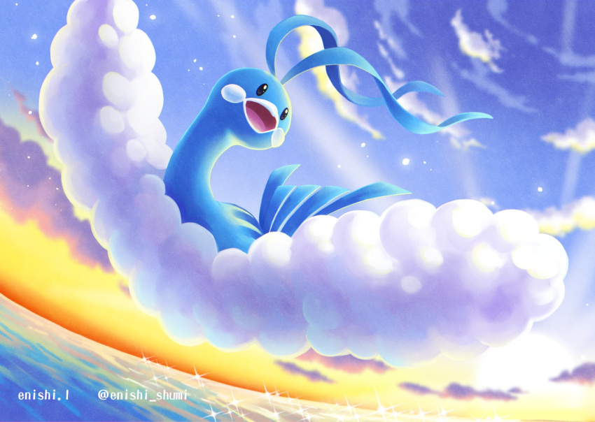 altaria cloud commentary_request day enishi_(menkura-rin10) flying gen_3_pokemon highres looking_to_the_side no_humans open_mouth outdoors pokemon pokemon_(creature) sky solo sparkle tongue