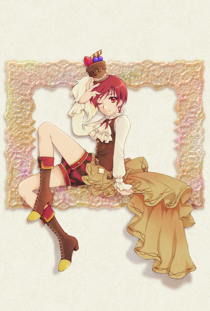 1girl aizen_(syoshiyuki) boots brown_vest chocolate chocolate_hair_ornament commentary_request earrings eyelashes happy hat highres jewelry kenjou_akira kirakira_precure_a_la_mode long_sleeves looking_at_viewer one_eye_closed precure red_eyes red_hair ribbon shirt short_hair sitting smile solo vest white_shirt