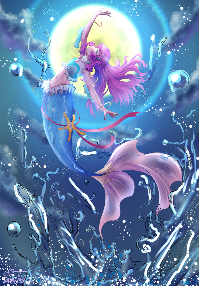 1girl arm_up bangs bare_shoulders blue_eyes blunt_bangs blush bracelet breasts closed_mouth cloud commentary_request crop_top eyebrows_behind_hair floating floating_hair full_body full_moon groin hair_ornament head_fins highres jewelry laura_(precure) long_hair looking_up medium_breasts mermaid midriff monster_girl moon navel necklace night night_sky pearl_hair_ornament pearl_necklace precure purple_hair scales shirt sidelocks signature sky sleeveless sleeveless_shirt smile solo split_tail toraneko_(spxn5283) tropical-rouge!_precure water wet