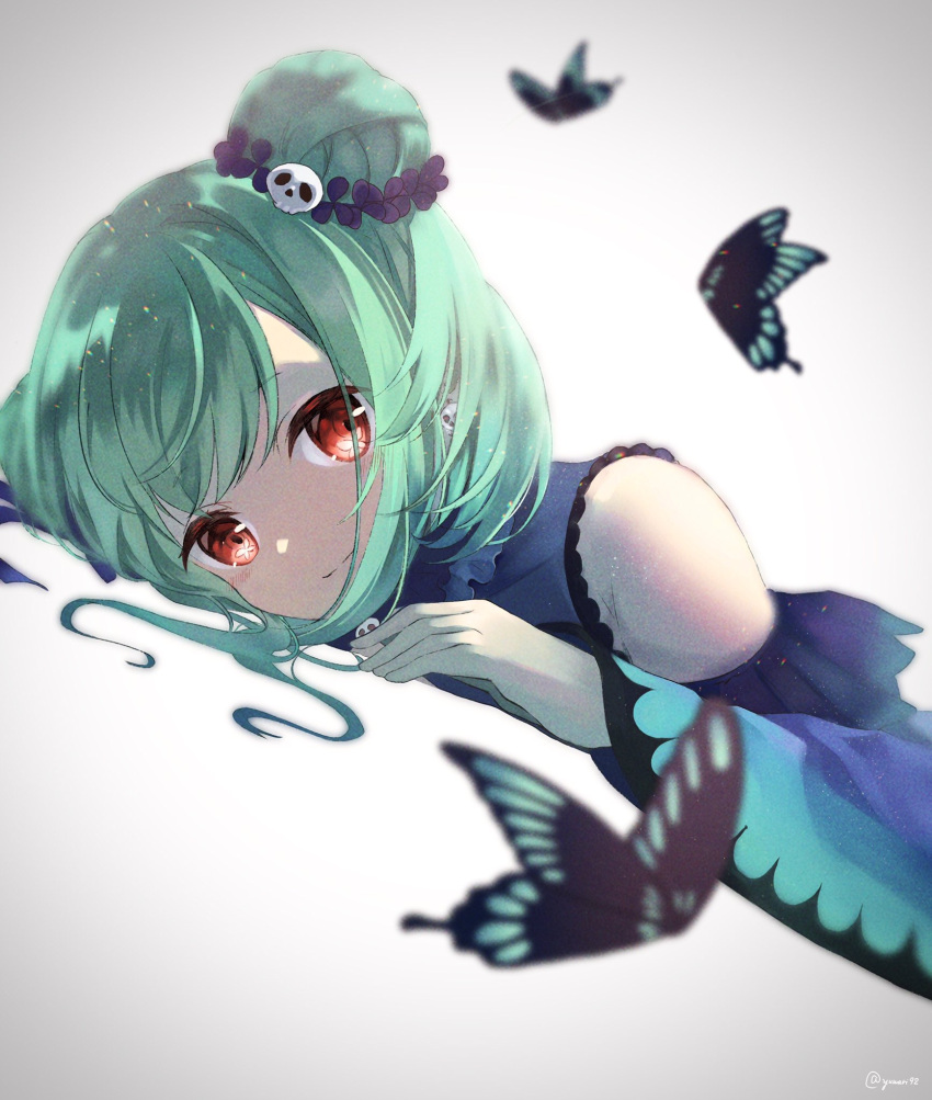 1girl bangs bare_shoulders blue_dress blush breasts bug butterfly detached_sleeves double_bun dress eyebrows_visible_through_hair green_hair hair_ornament hair_ribbon highres hololive insect jewelry long_hair looking_at_viewer open_mouth red_eyes ribbon short_hair sidelocks skull_hair_ornament solo uruha_rushia virtual_youtuber white_background